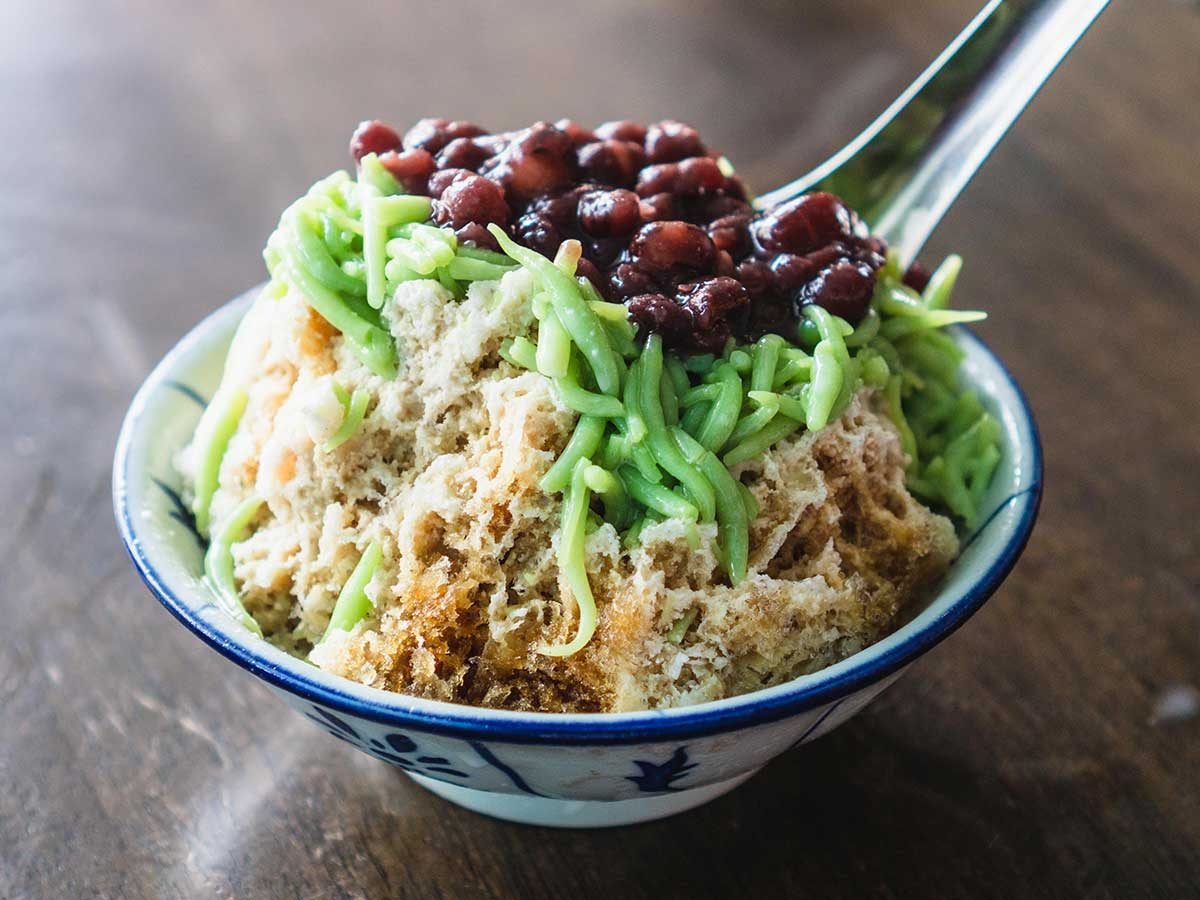Dessert Guru's authentic chendol used as a topping on a traditional shaved ice dessert.
