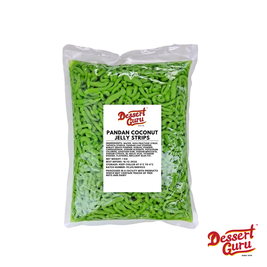 Packaged Dessert Guru Pandan Coconut Jelly Strips, used as authentic ready-to-eat chendol.